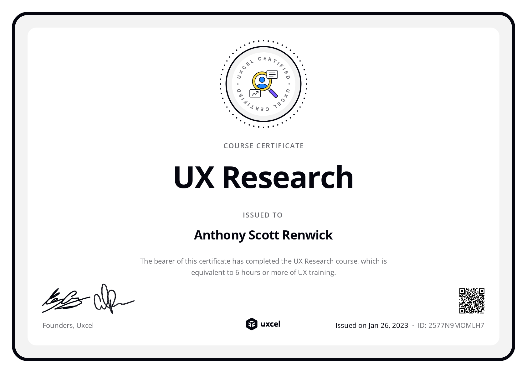 Anthony Scott Renwick's certificate